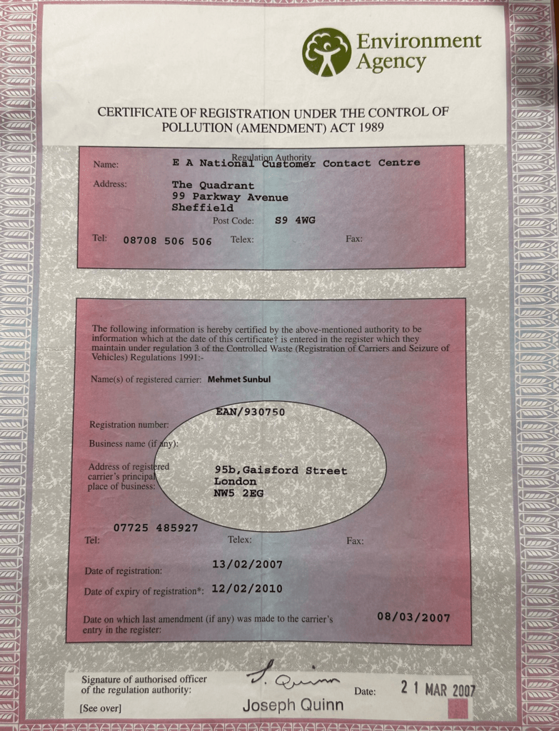 Environment Agency Certificate of Registration under the Control of Pollution Act 1989